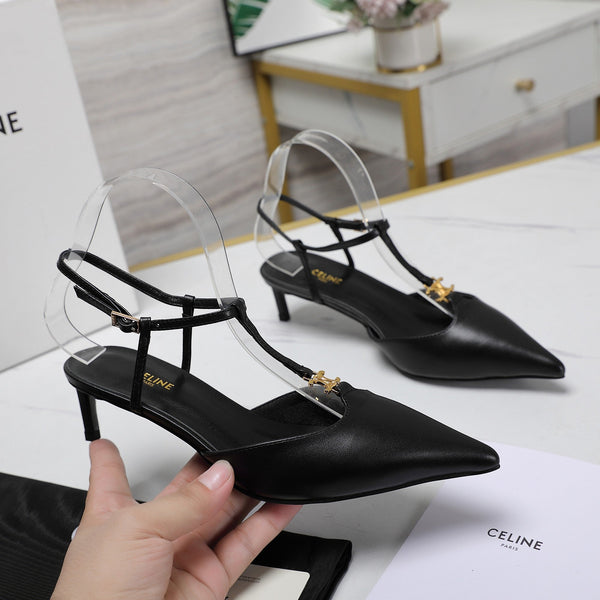 HIGH 5 CM SLINGBACK IN BLACK CALFSKIN WITH GOLD LOGO