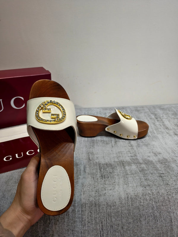 GG Wooden Clog Sandals White Patent Leather 864264