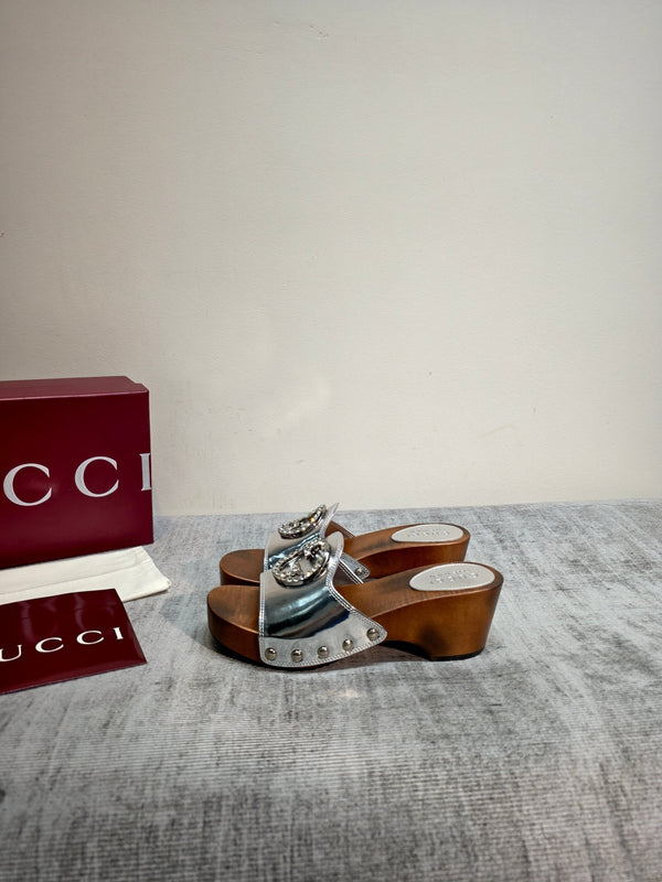 GG Wooden Clog Sandals Sliver Patent Leather 864265
