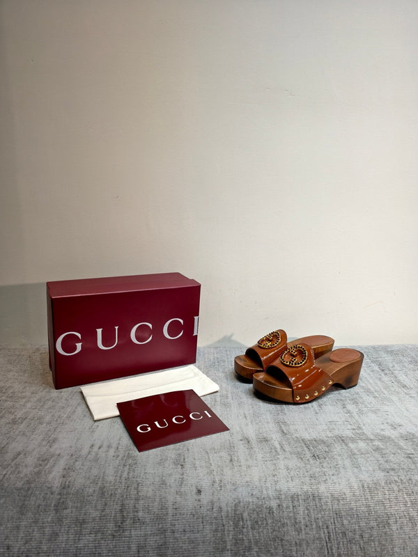 GG Wooden Clog Sandals Brown Patent Leather 864266
