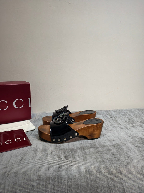GG Wooden Clog Sandals Black Patent Leather 864267