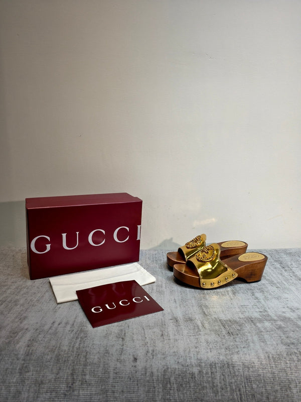 GG Wooden Clog Sandals Gold Leather 864268