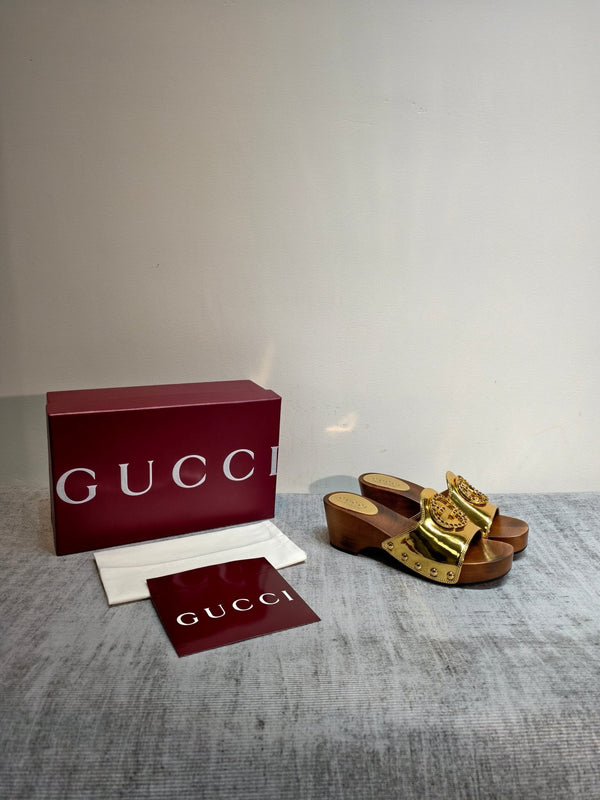 GG Wooden Clog Sandals Gold Leather 864268