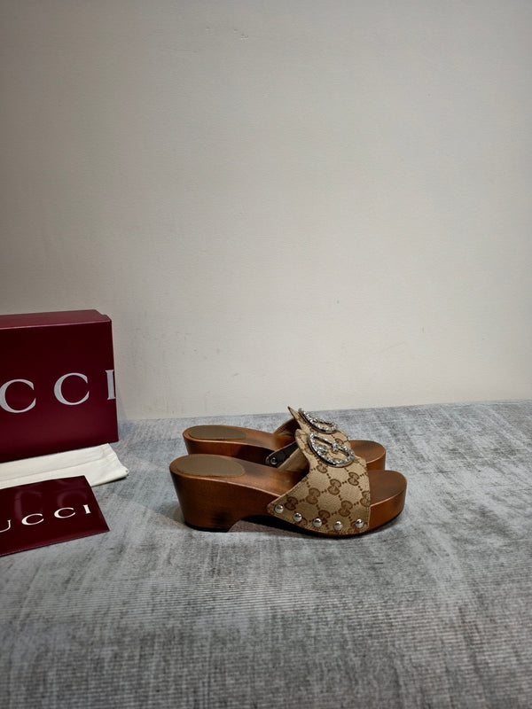 GG Wooden Clog Sandals Beige Canvas 864269