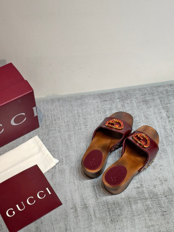 GG Wooden Clog Sandals Red Patent Leather 864270