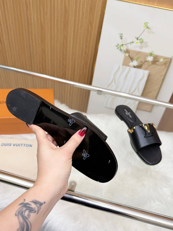 LV Mare Flat Mule Black Sheepskin