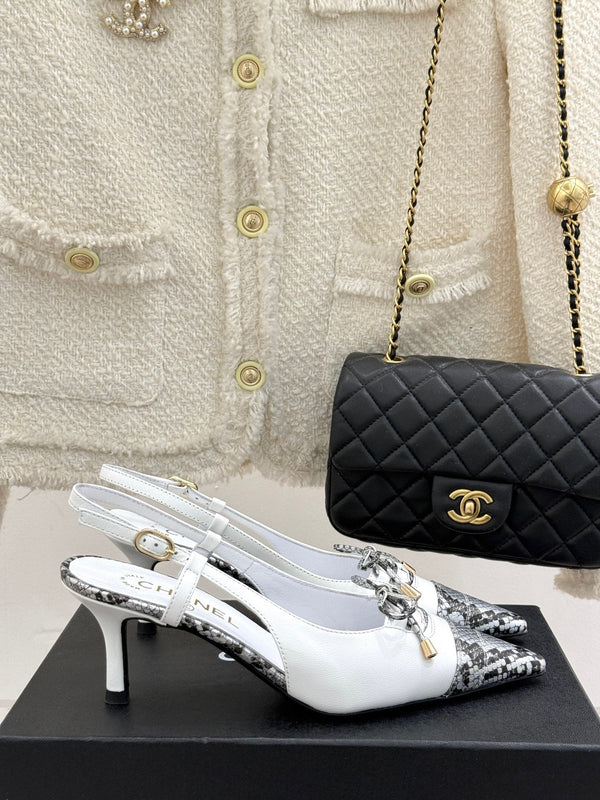 CC 25C Bowknot Slingback Sandal 60mm White Sheepskin Mix Python Pattern 265652