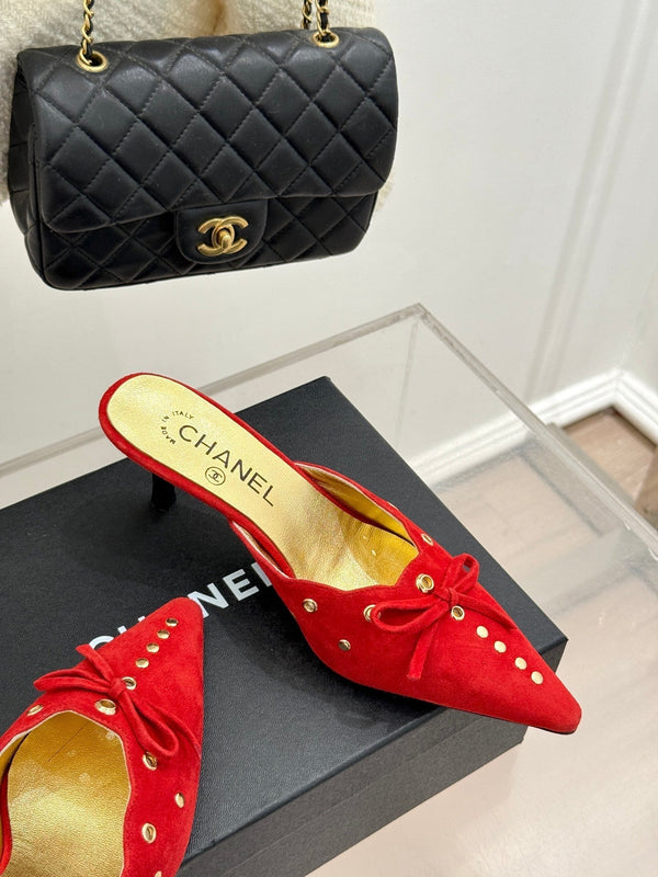CC 25C Bowknot Pointed High Heel Half Slippers 60mm Red Suede 265658