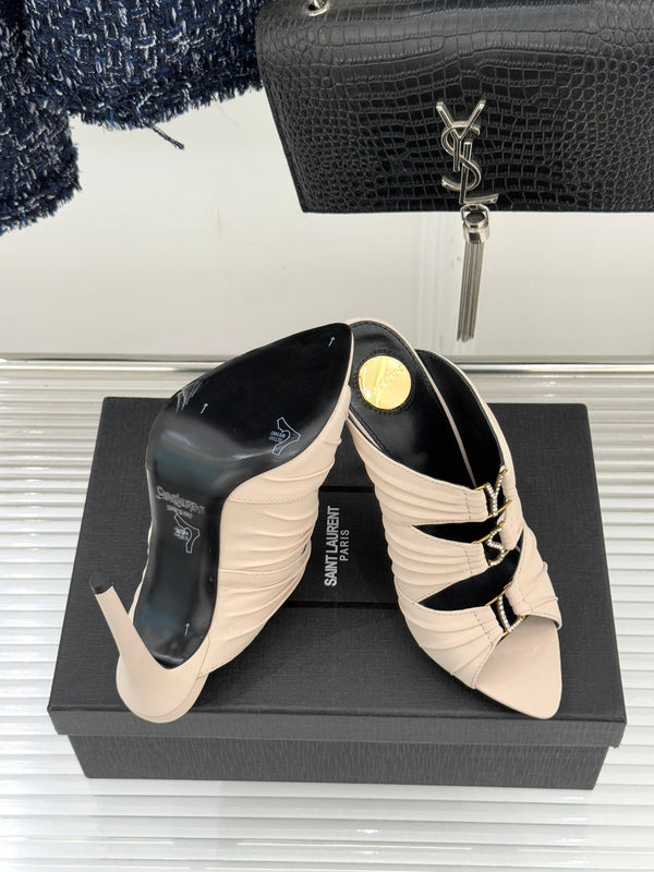 YSL Emilie Stiletto Mule Sandals 11cm Cream Satin 642912