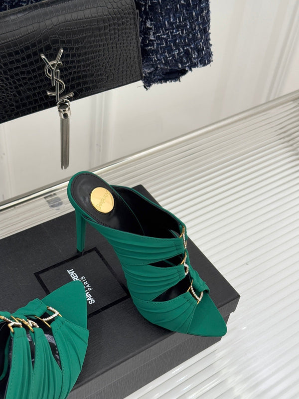 YSL Emilie Stiletto Mule Sandals 11cm Teal Green Satin 642914
