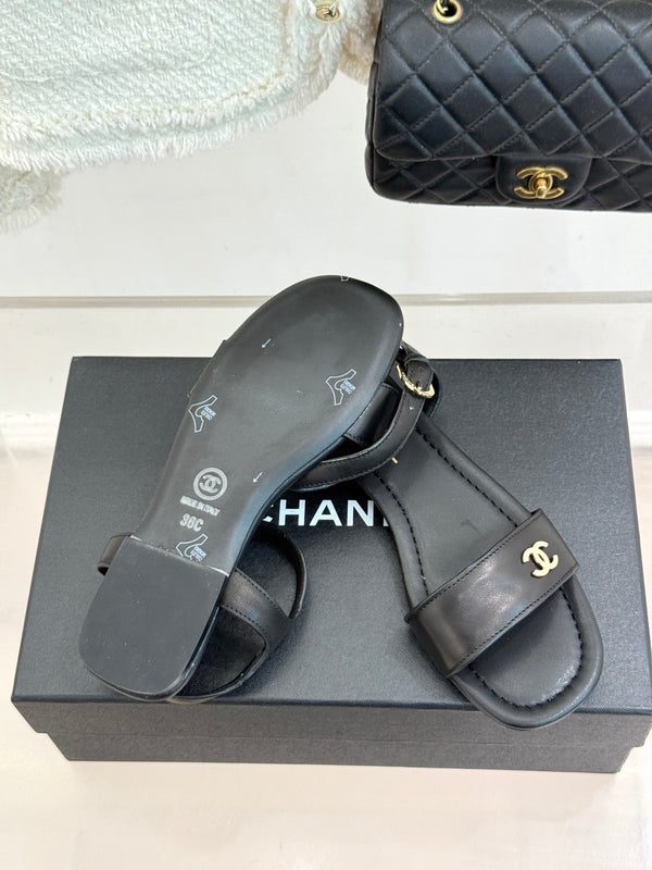 CC 26s Strap Flat Sandals Black Lambskin 920333
