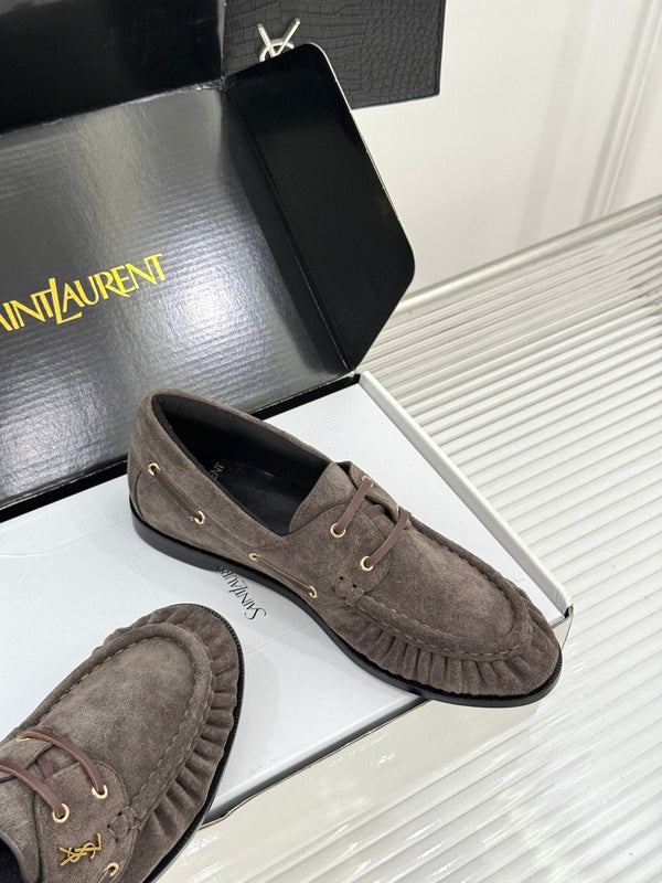 YSL 26s Le Bateau Loafer Taupe Suede 992289