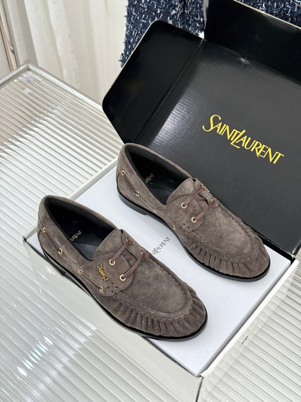 YSL 26s Le Bateau Loafer Taupe Suede 992289