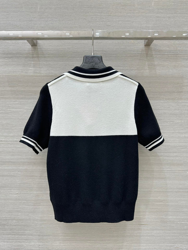 Miu Miu 25 Polo Collar Short-sleeved Top Black White Tencel