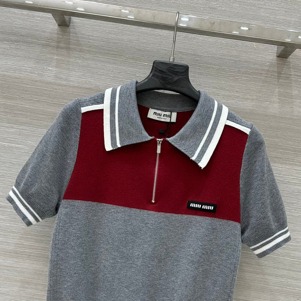 Miu Miu 25 Polo Collar Short-sleeved Top Gray red Tencel