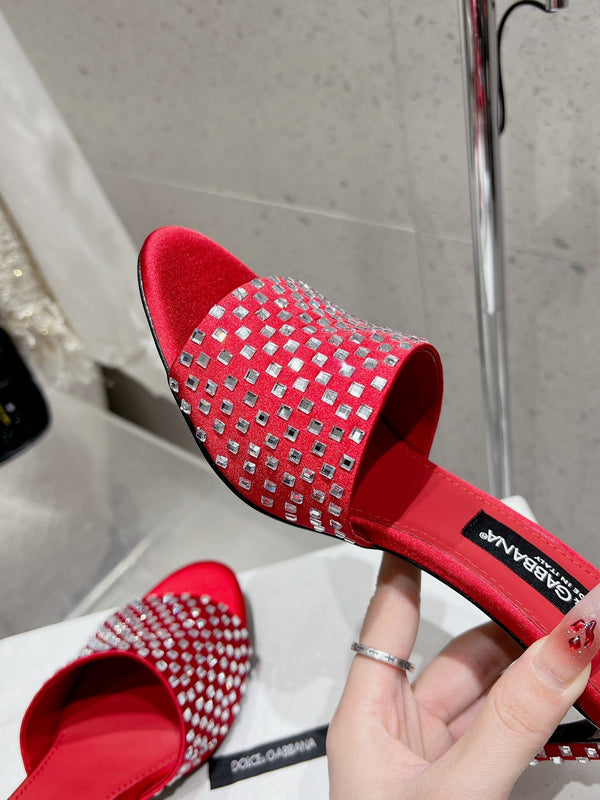 DC Rhinestone Mules 65mm Red Silk & Sheepskin 359515
