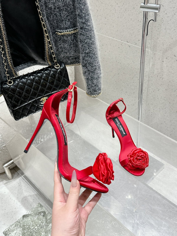 DC Flower High Heel Sandals 105mm Red Satin & Sheepskin 359506
