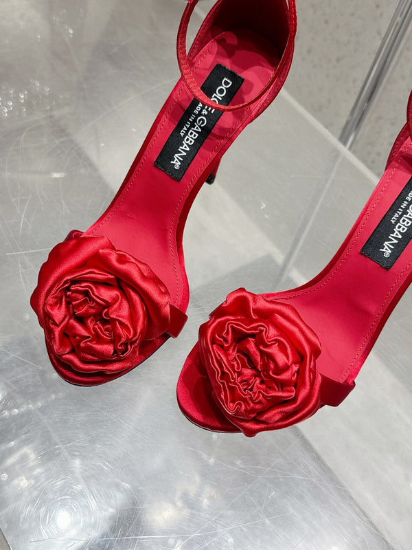 DC Flower High Heel Sandals 105mm Red Satin & Sheepskin 359506