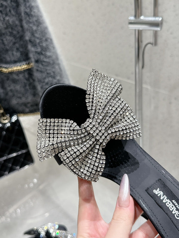 DC Rhinestone Bow Heel Sandals 105mm Black Satin & Sheepskin 359509
