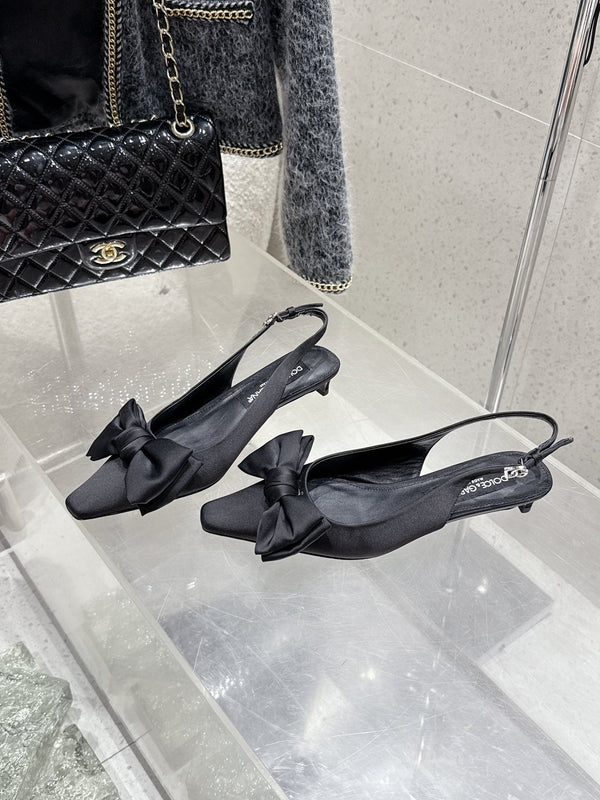 DC Bow Slingback Pumps 30mm Black Satin & Sheepskin 359511