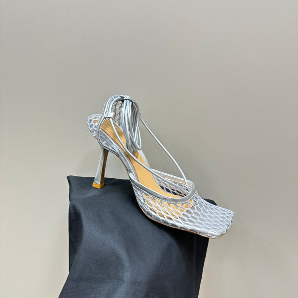 BV 26s Stretch High Heels 9cm Silver Metallize Mesh Leather