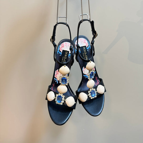 DC 24 Shell Rhinestone High Heel Sandals Black Cowhide & Sheepskin 946163