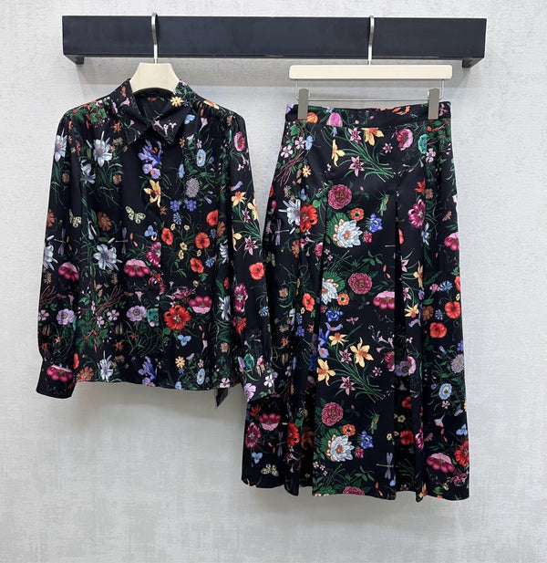 GG SS26 Flora Printed Pleated Midi Skirt Black Multicolor Silk 351778