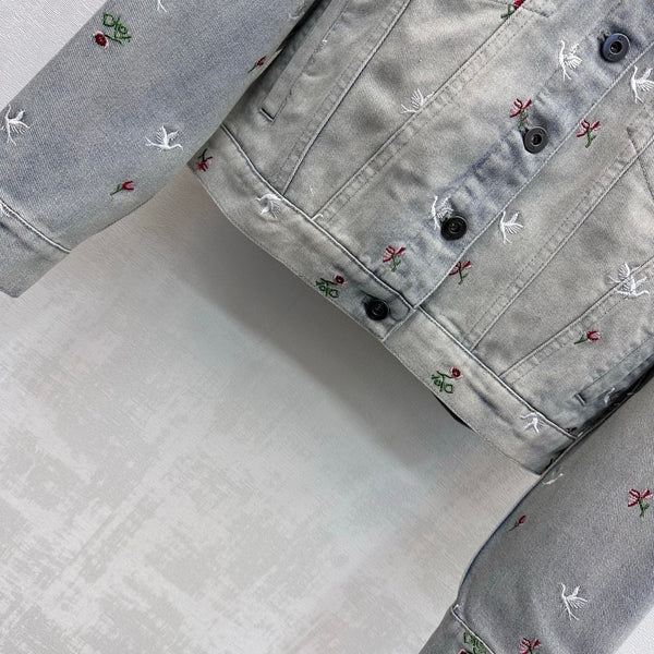 CD 26s Bird Floral Embroidered Denim Jacket Corduroy Collar Light Grey Cotton 427659
