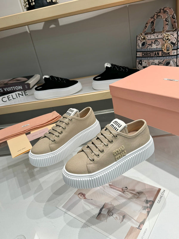 Miu logo-patch sneakers 45mm Dark Sand Canvas 456832