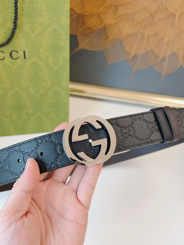 Gucci Supreme Belt Shiny Sliver Buckle 37mm Black Embossed Leather
