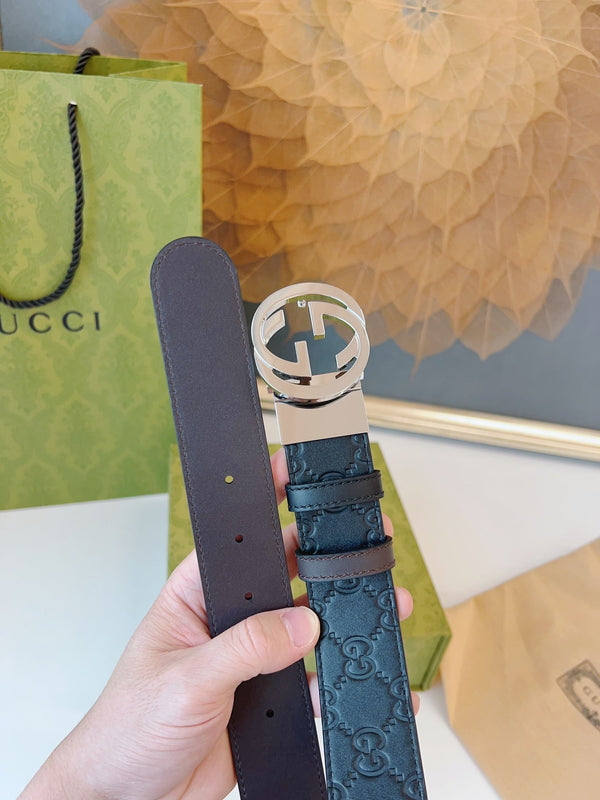 Gucci Supreme Belt Shiny Sliver Buckle 37mm Black Embossed Leather