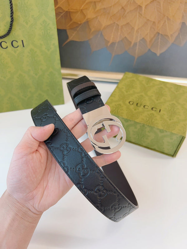Gucci Supreme Belt Shiny Sliver Buckle 37mm Black Embossed Leather