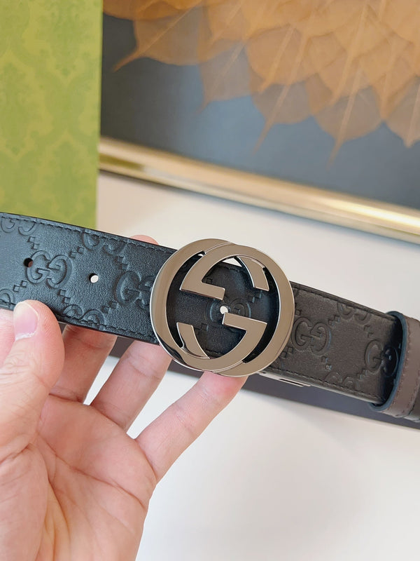 Gucci Supreme Belt Blunt Copper Buckle 37mm Black Embossed Leather