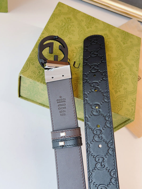 Gucci Supreme Belt Black Buckle 37mm Black Embossed Leather