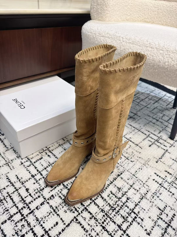 CE 26S Western Buckle Jumping Boots 4.5cm Tan Suede 118188