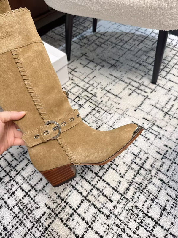 CE 26S Western Buckle Jumping Boots 4.5cm Tan Suede 118188