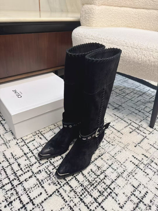 CE 26S Western Buckle Jumping Boots 4.5cm Black Suede 118190