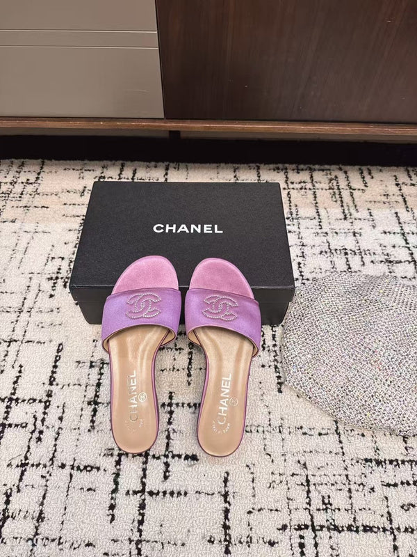 CC Slippers In Lilac Purple Satin Mix Calfskin