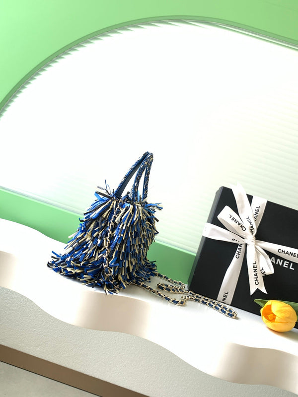 CC 2026 Top Handle Bag 19cm Blue White Raffia Fringe 292256
