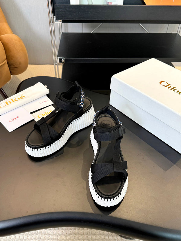 CHLOÉ NAMA WEDGE SANDALS IN BLACK FABRIC AND WHITE RUBBER
