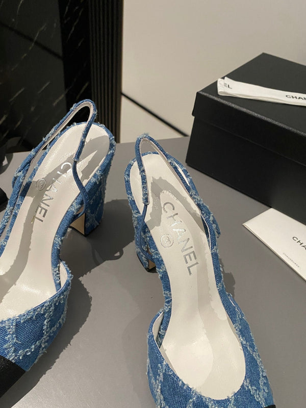 CC Slingback 95mm Dark Blue Tassel Denim Fabric
