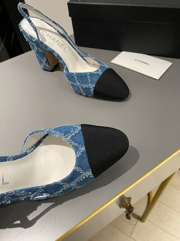 CC Slingback 95mm Dark Blue Tassel Denim Fabric