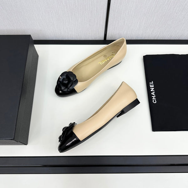 ballet flat flower cream calfskin black patent calfskin
