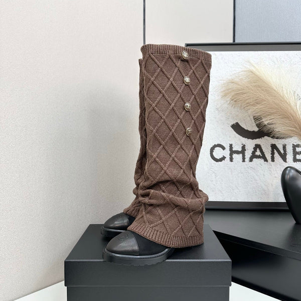 CC 26s Diamond Knit Buttoned Long Boots Black Dark Brown Calfskin Knit 985768