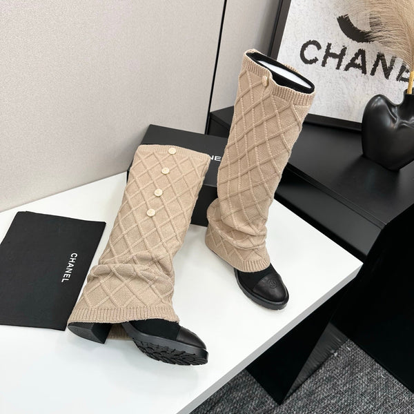 CC 26s Diamond Knit Buttoned Long Boots Black Beige Calfskin Knit 985769