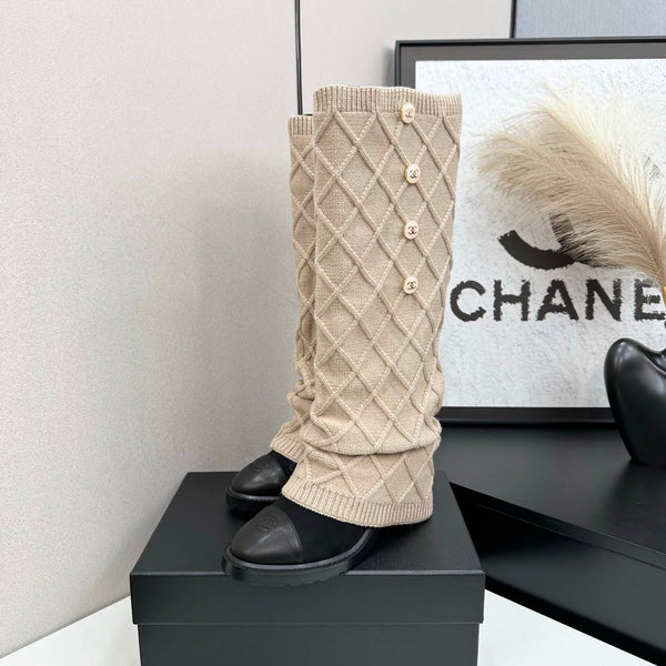 CC 26s Diamond Knit Buttoned Long Boots Black Beige Calfskin Knit 985769