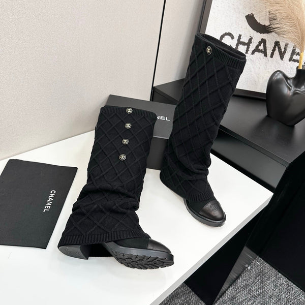 CC 26s Diamond Knit Buttoned Long Boots Black Calfskin Knit 985770