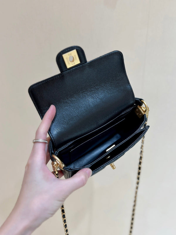 CC24K Mini Handle Flap Bag 16cm Black Caviar Light GHW
