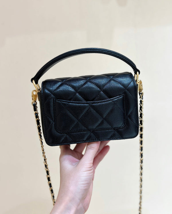 CC24K Mini Handle Flap Bag 16cm Black Caviar Light GHW