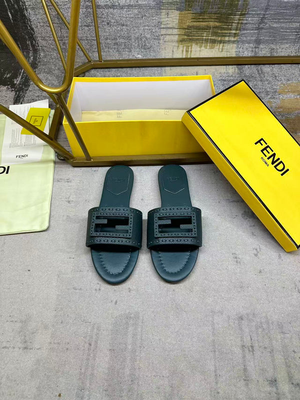 FF Baguette Slides Embroidered Teal Green Nappa Leather 826560
